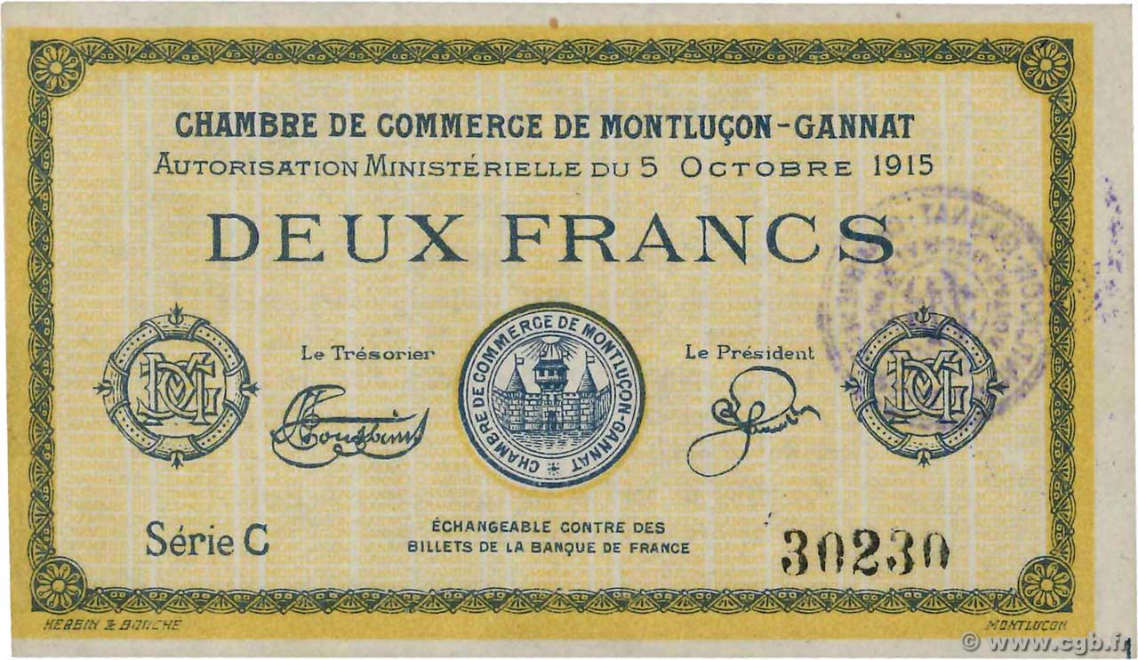 2 Francs FRANCE Regionalismus und verschiedenen Montluçon, Gannat 1915 JP.084.18 fST+