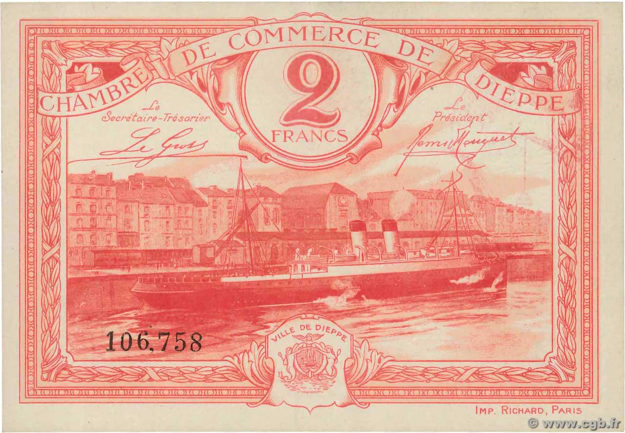 2 Francs FRANCE Regionalismus und verschiedenen Dieppe 1920 JP.052.26 VZ+
