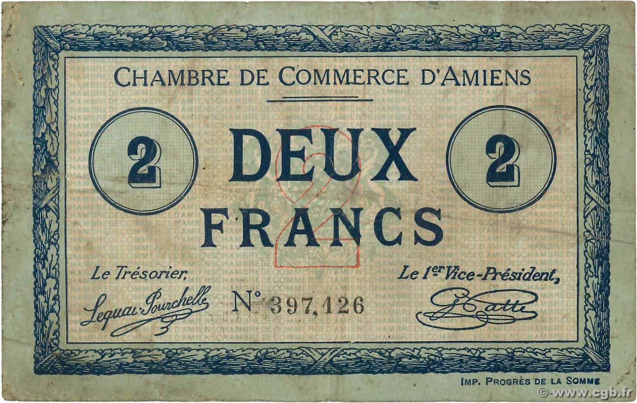 2 Francs FRANCE regionalism and various Amiens 1915 JP.007.31 F