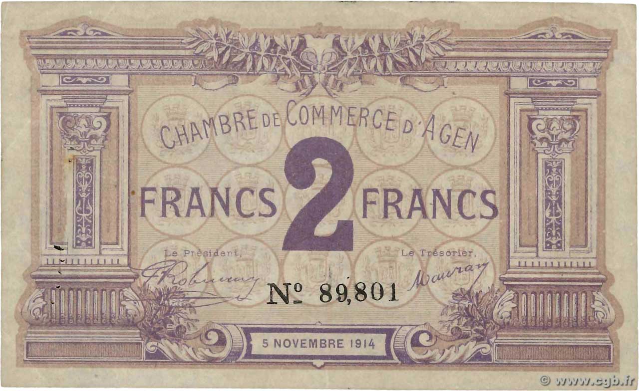 2 Francs FRANCE regionalism and miscellaneous Agen 1914 JP.002.05 VF