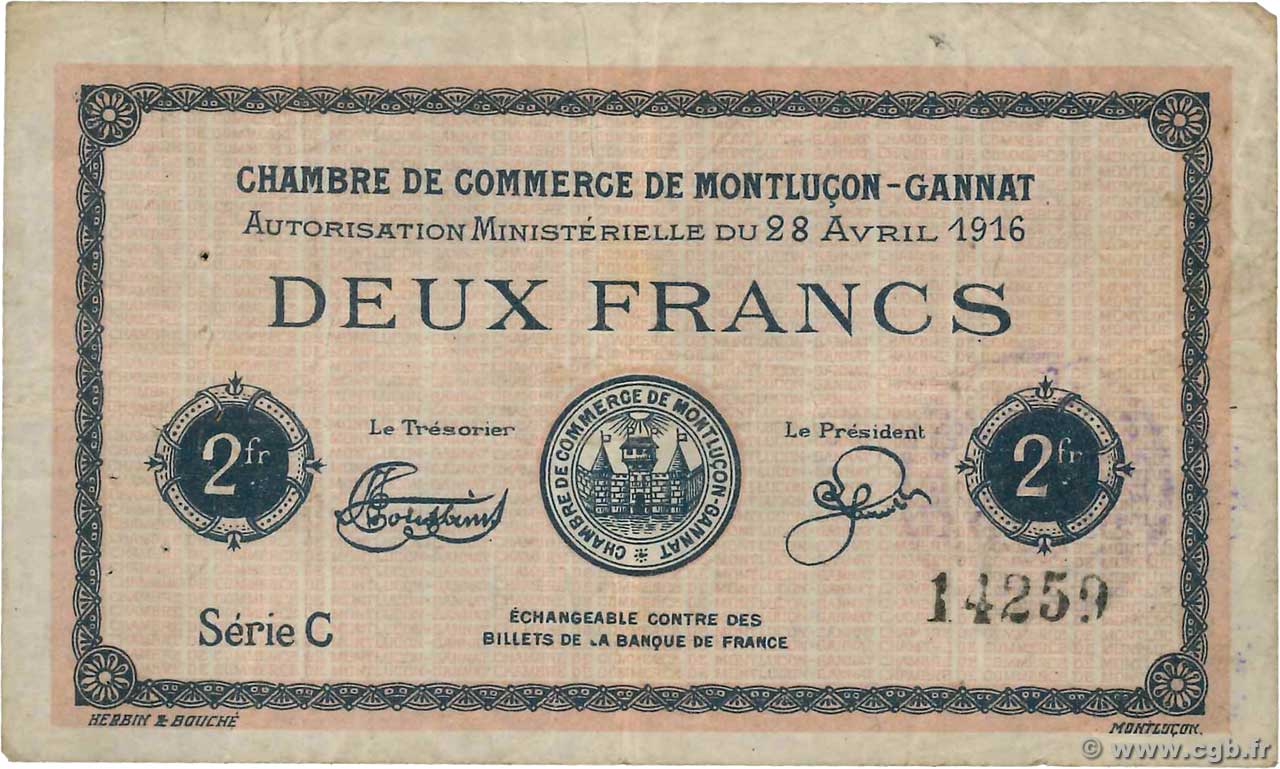 2 Francs FRANCE Regionalismus und verschiedenen Montluçon, Gannat 1916 JP.084.26 S