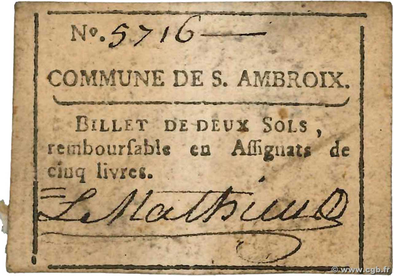 2 Sols FRANCE regionalism and miscellaneous Saint Ambroix 1792 Kc.30.091a VF