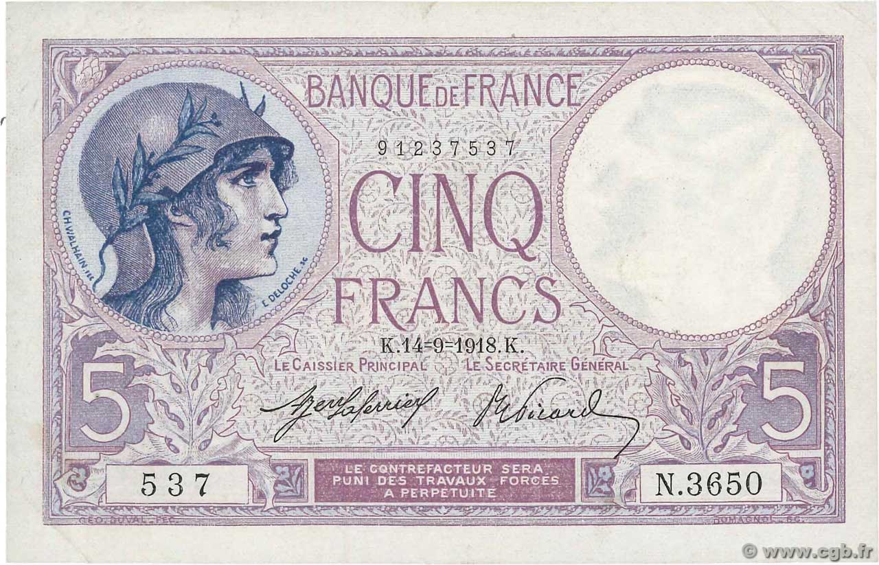 5 Francs FEMME CASQUÉE FRANKREICH  1918 F.03.02 SS