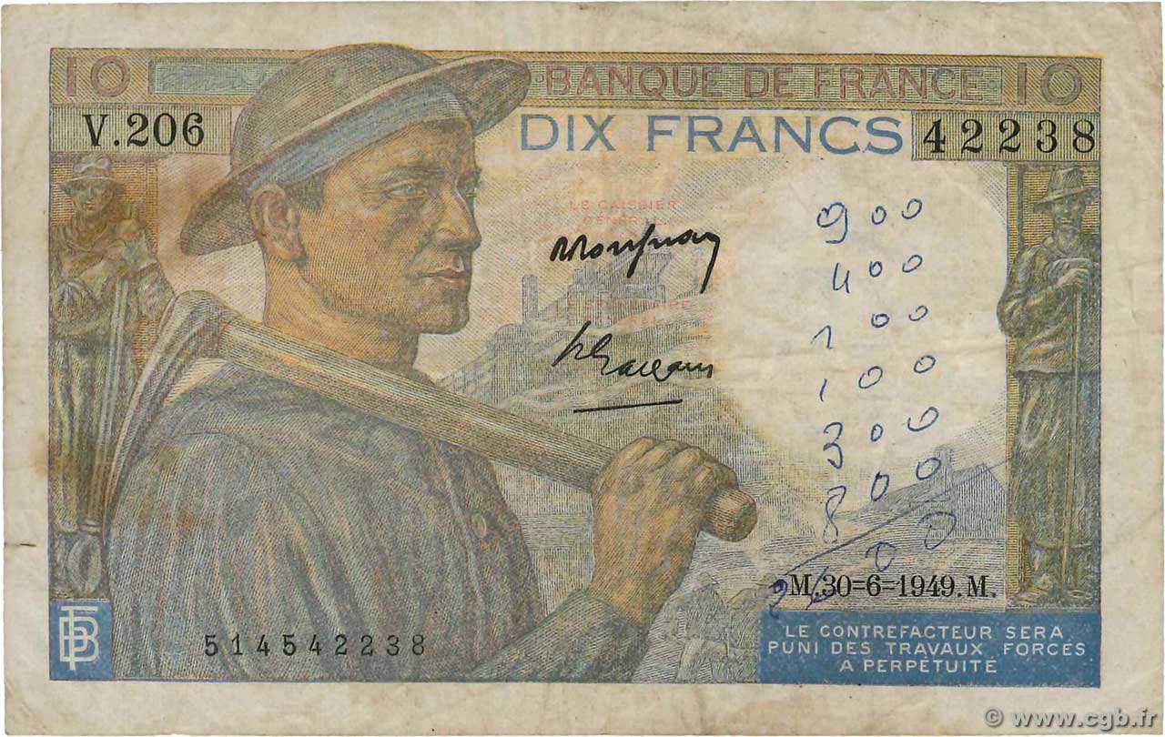 10 Francs MINEUR FRANKREICH  1949 F.08.22a S
