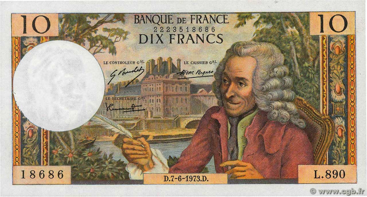 10 Francs VOLTAIRE FRANCE  1973 F.62.62 XF