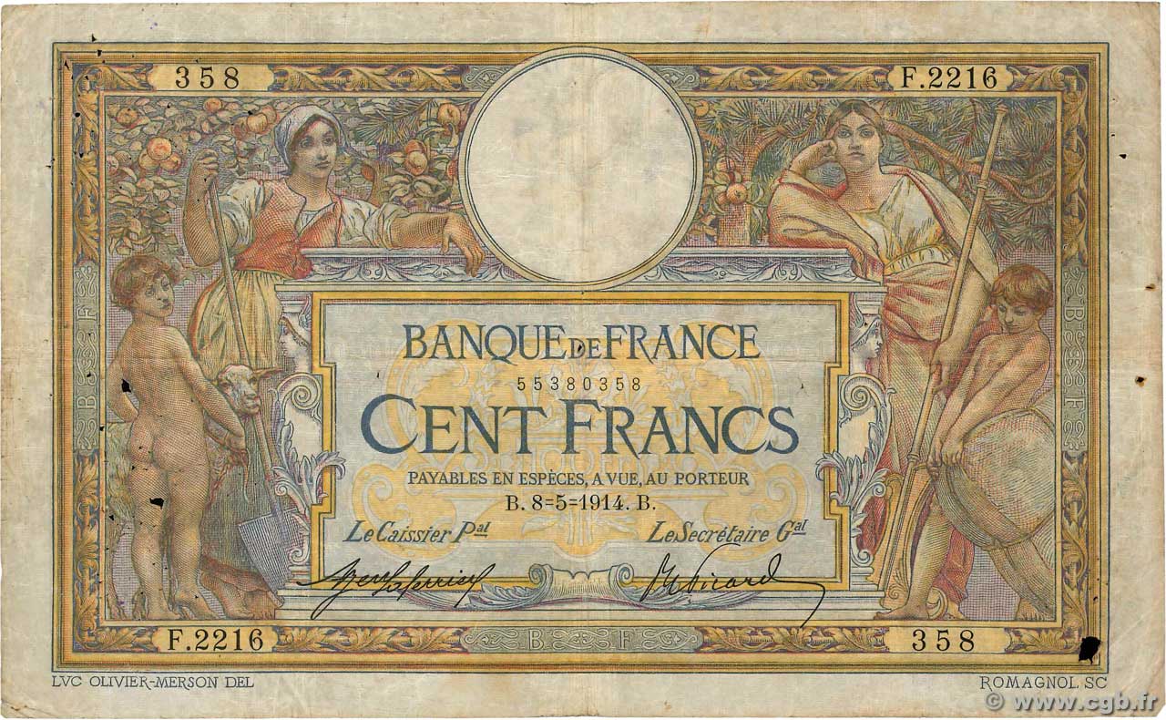 100 Francs LUC OLIVIER MERSON sans LOM FRANCE  1914 F.23.06 B+