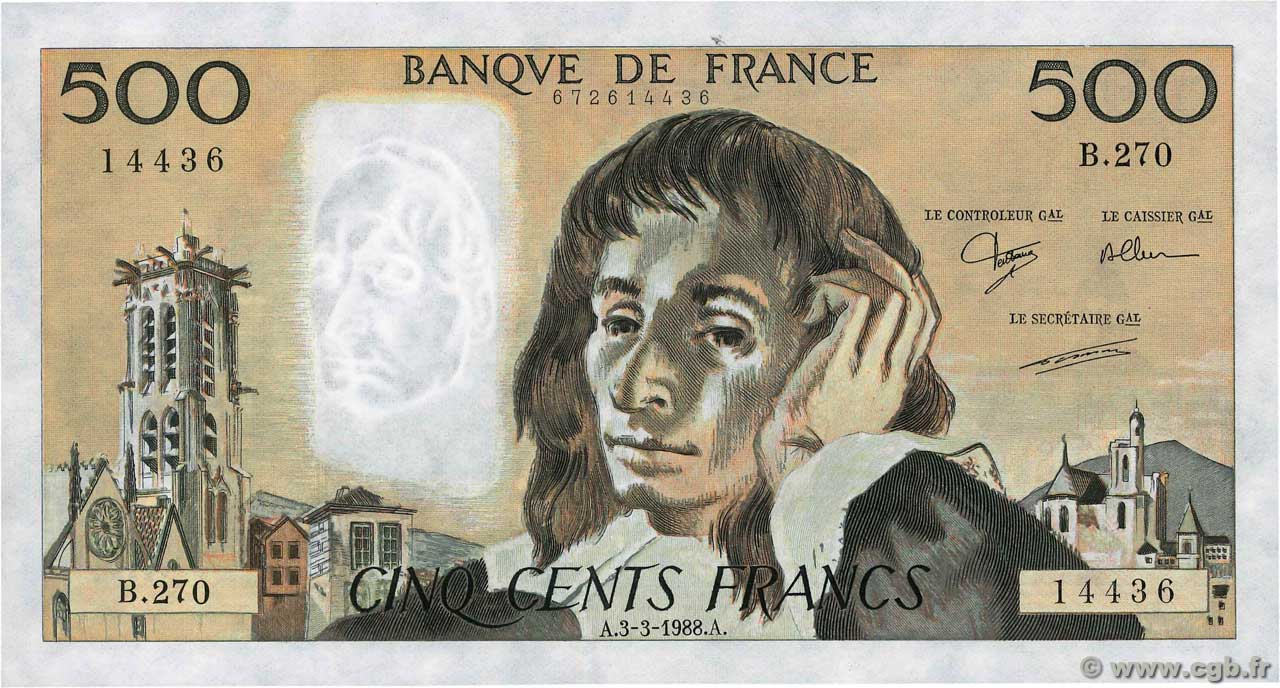 500 Francs PASCAL FRANCE  1988 F.71.38 AU+
