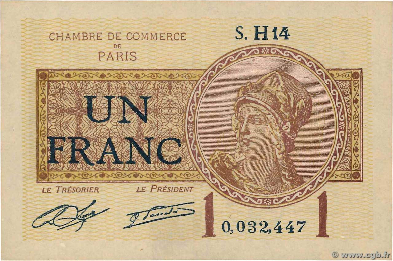 1 Franc FRANCE Regionalismus und verschiedenen Paris 1920 JP.097.23 fST+