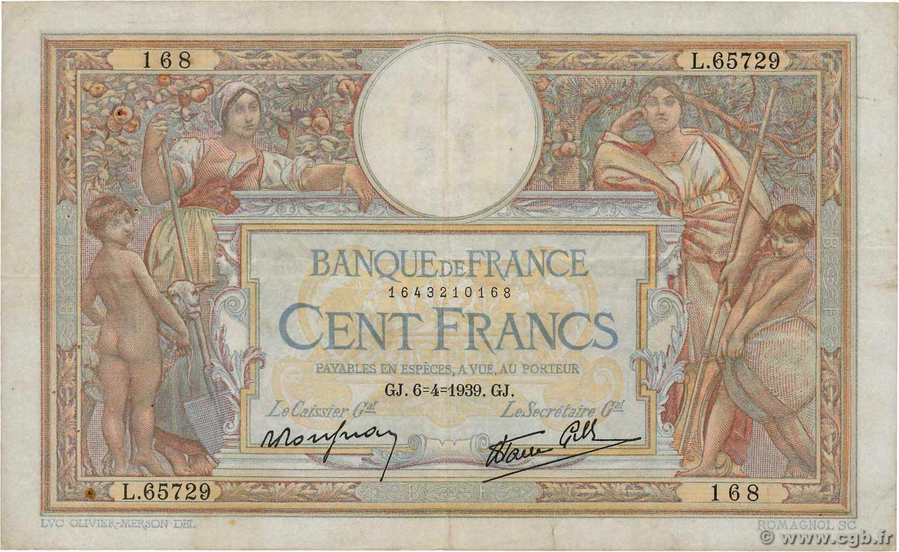 100 Francs LUC OLIVIER MERSON type modifié FRANCE  1939 F.25.45 VF