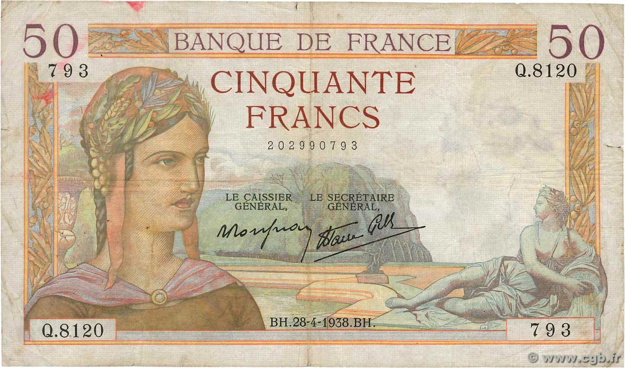 50 Francs CÉRÈS modifié FRANKREICH  1938 F.18.12 fS