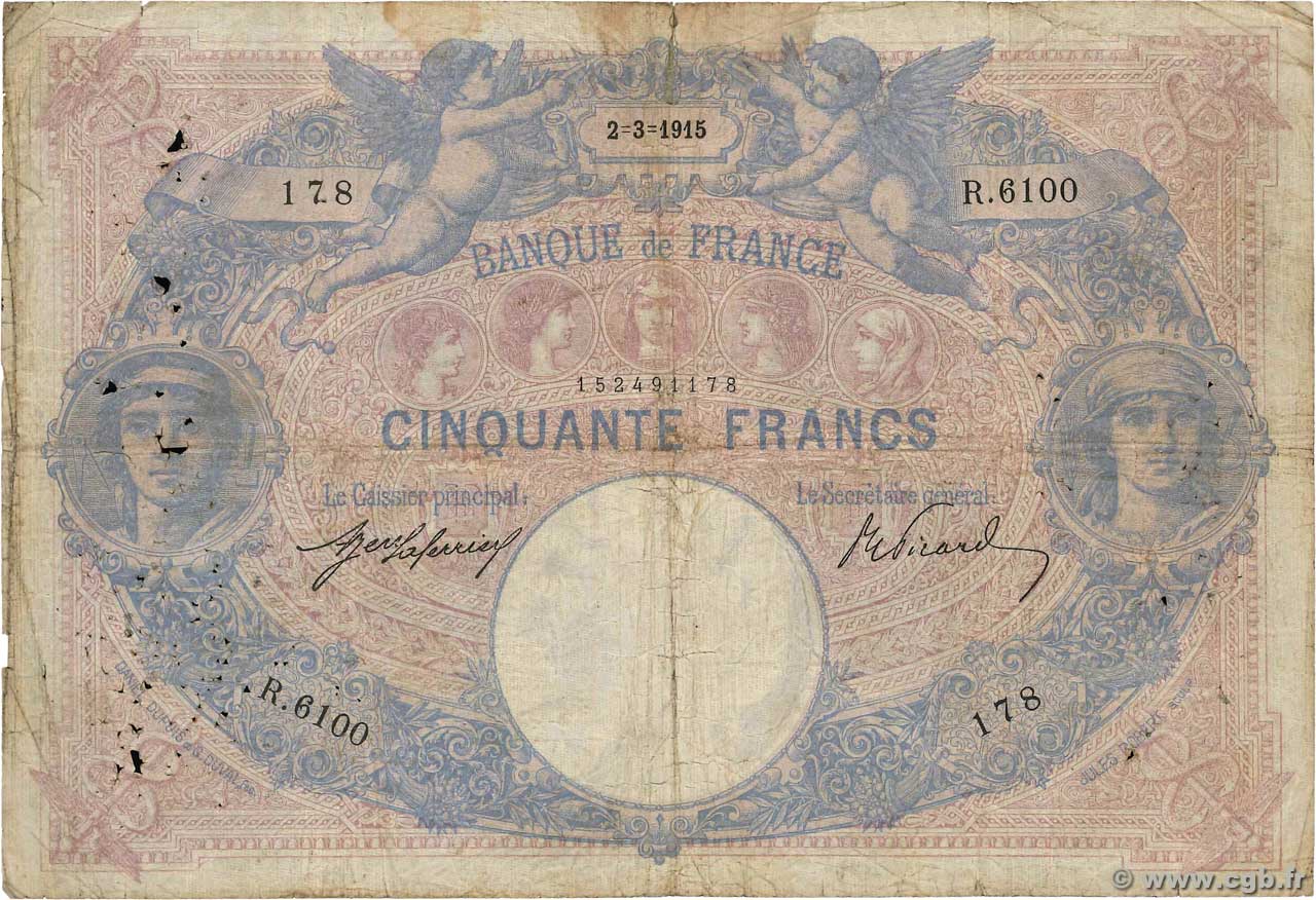 50 Francs BLEU ET ROSE FRANCIA  1915 F.14.28 q.B