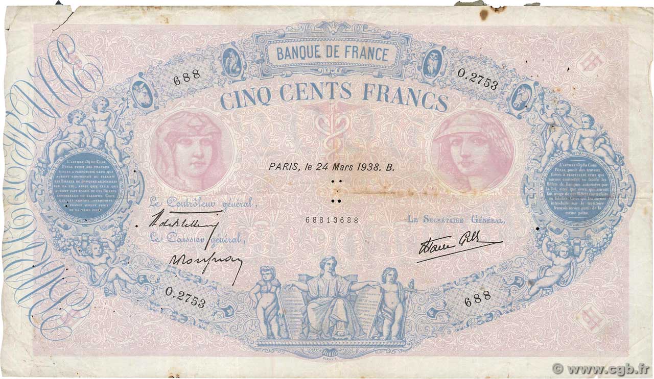 500 Francs BLEU ET ROSE modifié FRANCE  1938 F.31.06 F-