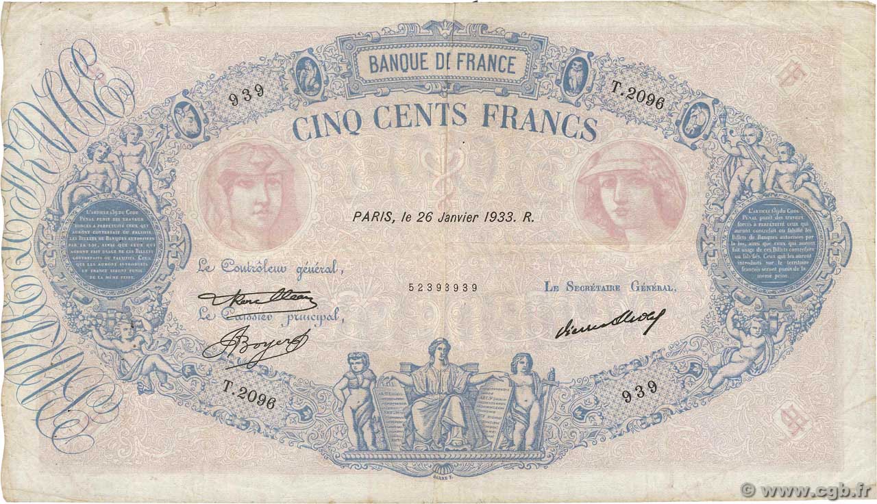 500 Francs BLEU ET ROSE FRANCIA  1933 F.30.36 BC