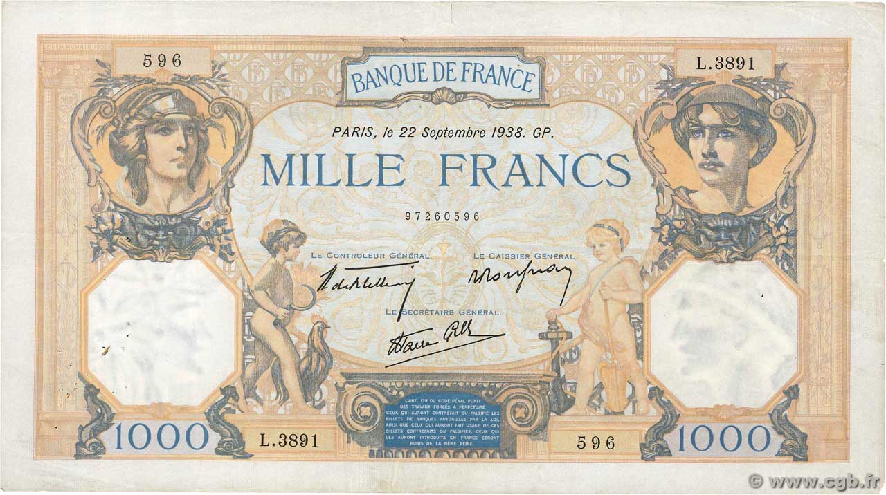 1000 Francs CÉRÈS ET MERCURE type modifié FRANCE  1938 F.38.27 F+