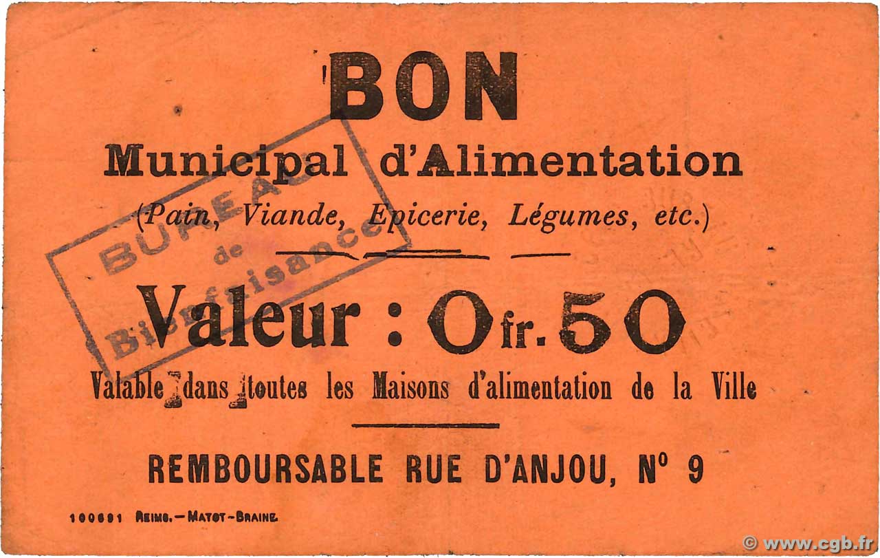 50 Centimes FRANCE régionalisme et divers Reims 1914 JP.51-27 TB