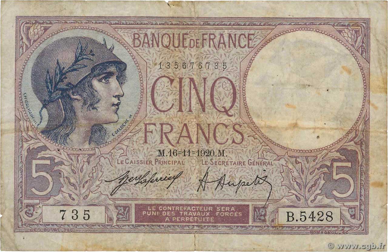 5 Francs FEMME CASQUÉE FRANCE  1920 F.03.04 VG