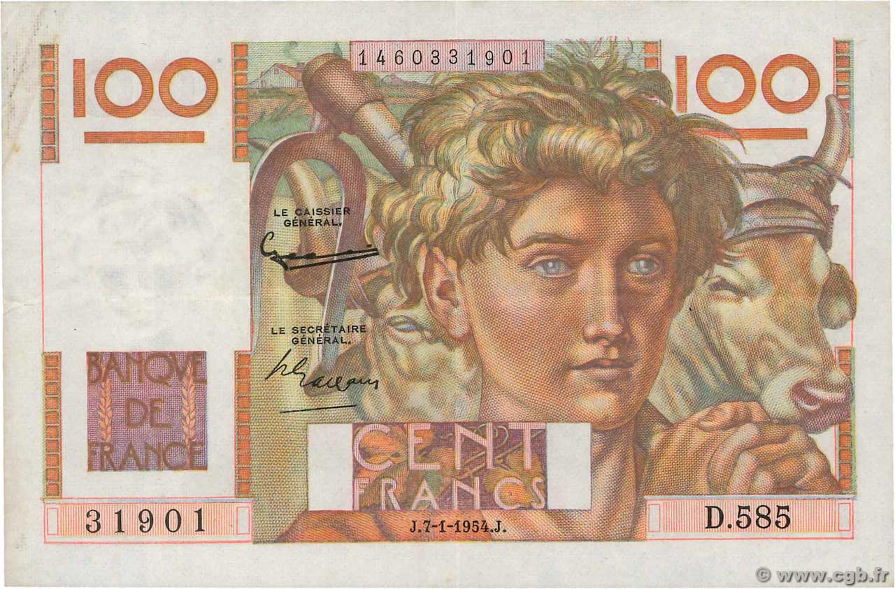 100 Francs JEUNE PAYSAN FRANCE  1954 F.28.41 TTB