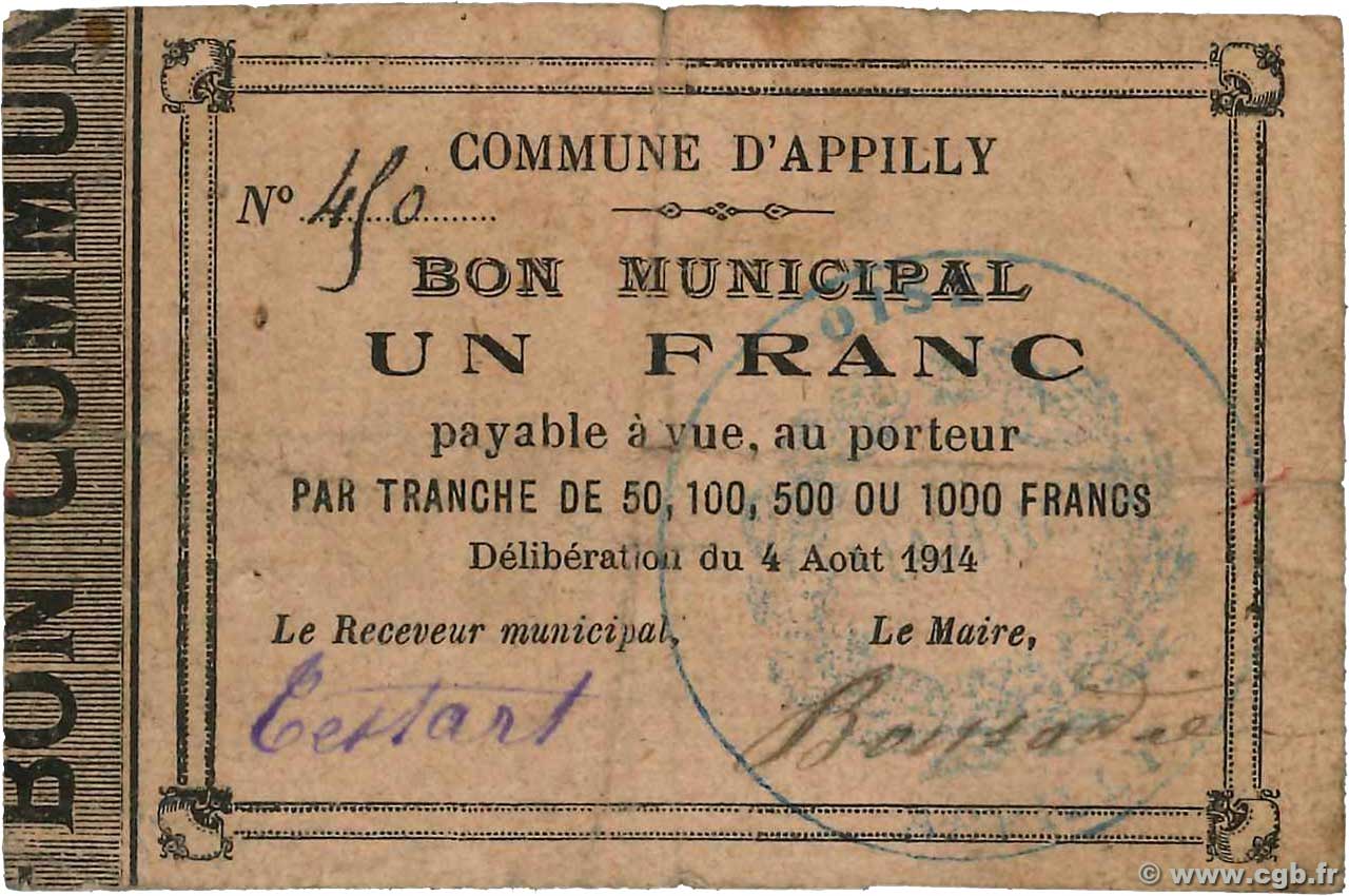 1 Franc FRANCE régionalisme et divers Appilly 1914 JP.60-001 B