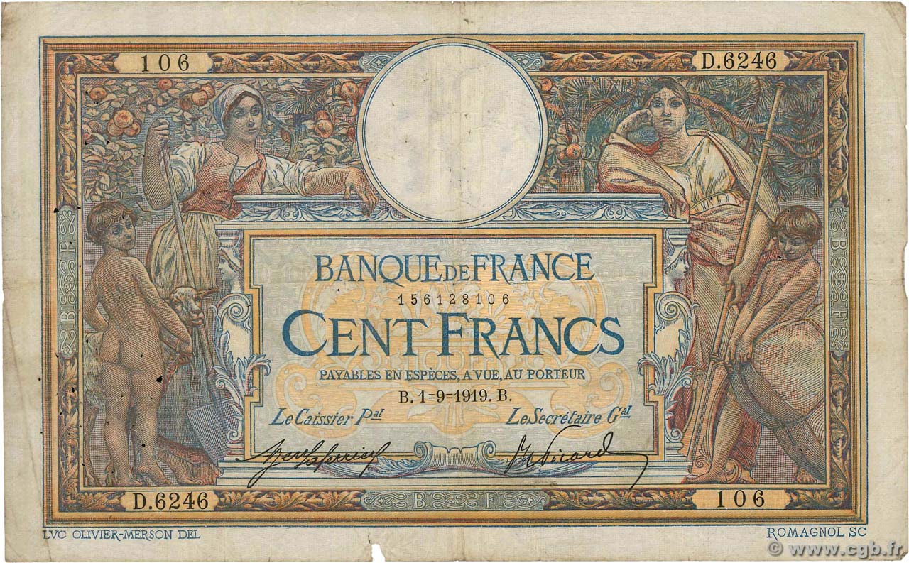100 Francs LUC OLIVIER MERSON sans LOM FRANCE  1919 F.23.11 B