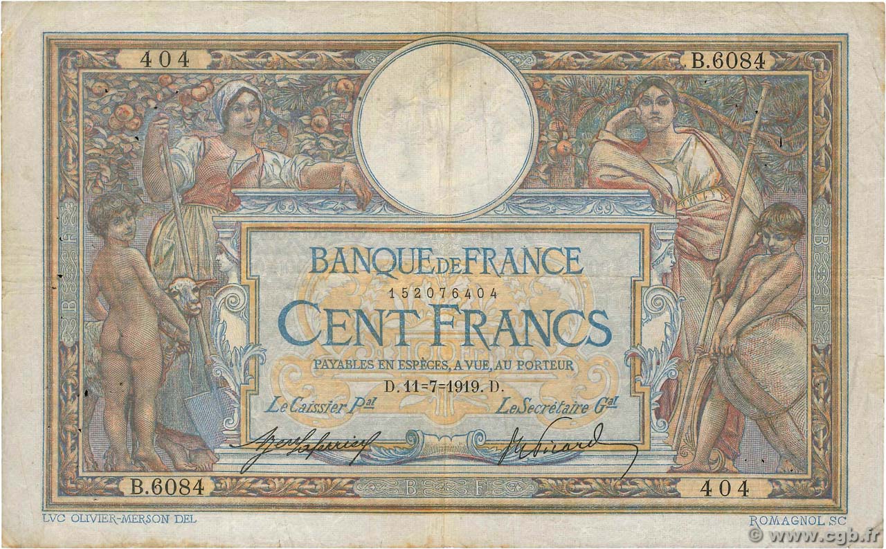 100 Francs LUC OLIVIER MERSON sans LOM FRANCE  1919 F.23.11 pr.TB