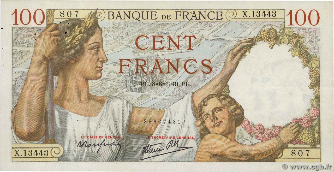 100 Francs SULLY FRANCE  1940 F.26.35 VF+