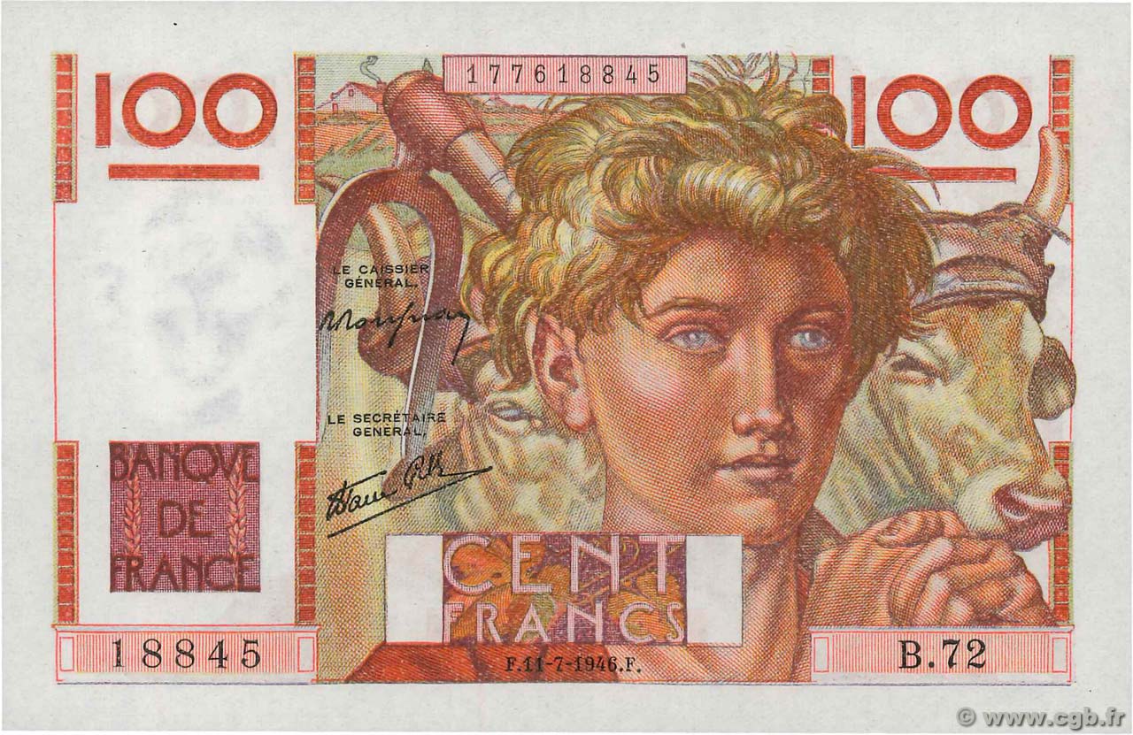 100 Francs JEUNE PAYSAN FRANCIA  1946 F.28.06 AU+