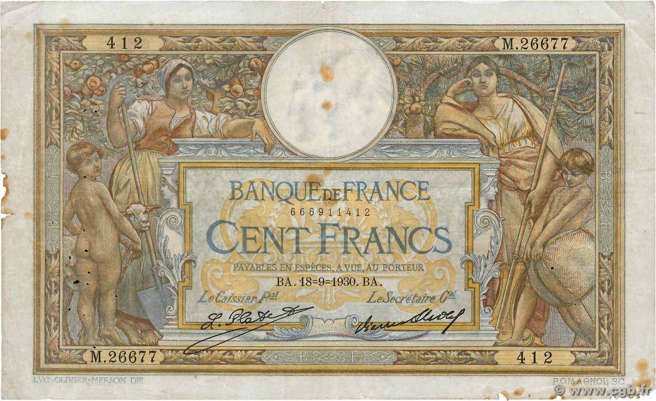 100 Francs LUC OLIVIER MERSON grands cartouches FRANCE  1930 F.24.09 VF-