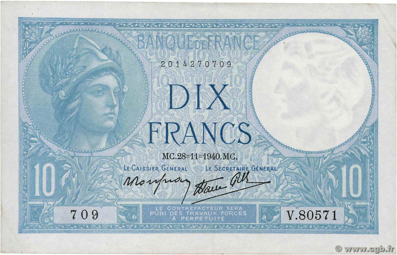 10 Francs MINERVE modifié FRANCE  1940 F.07.22 TTB+