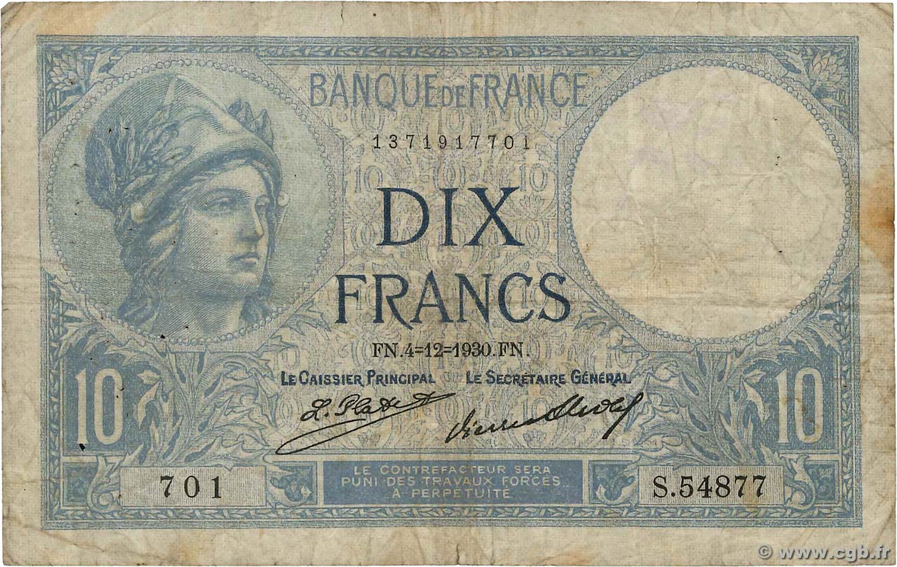 10 Francs MINERVE FRANCE  1930 F.06.14 B+