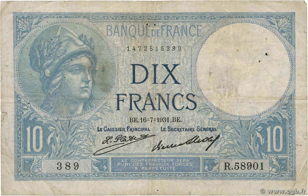 10 Francs MINERVE FRANKREICH  1931 F.06.15 SGE
