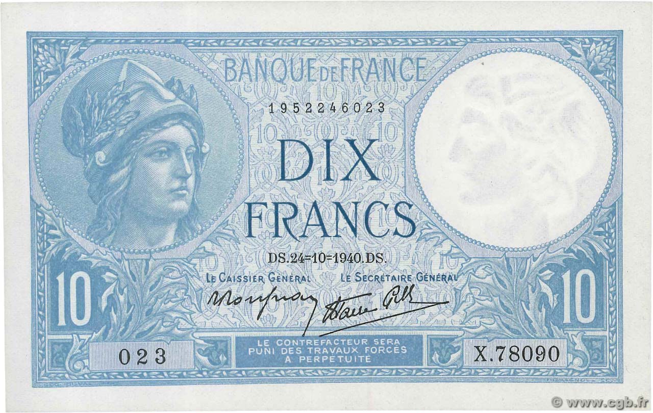 10 Francs MINERVE modifié FRANCE  1940 F.07.18 AU