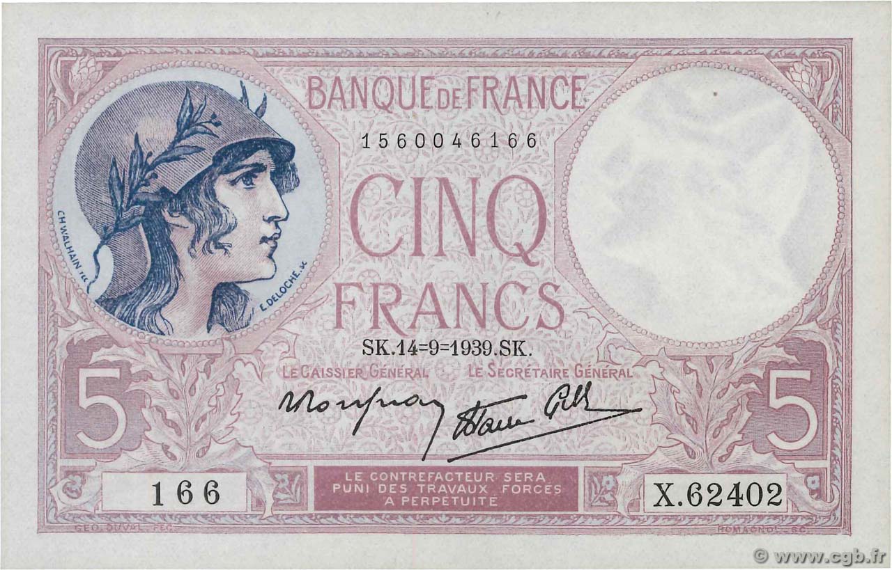 5 Francs FEMME CASQUÉE modifié FRANCE  1939 F.04.08 UNC-