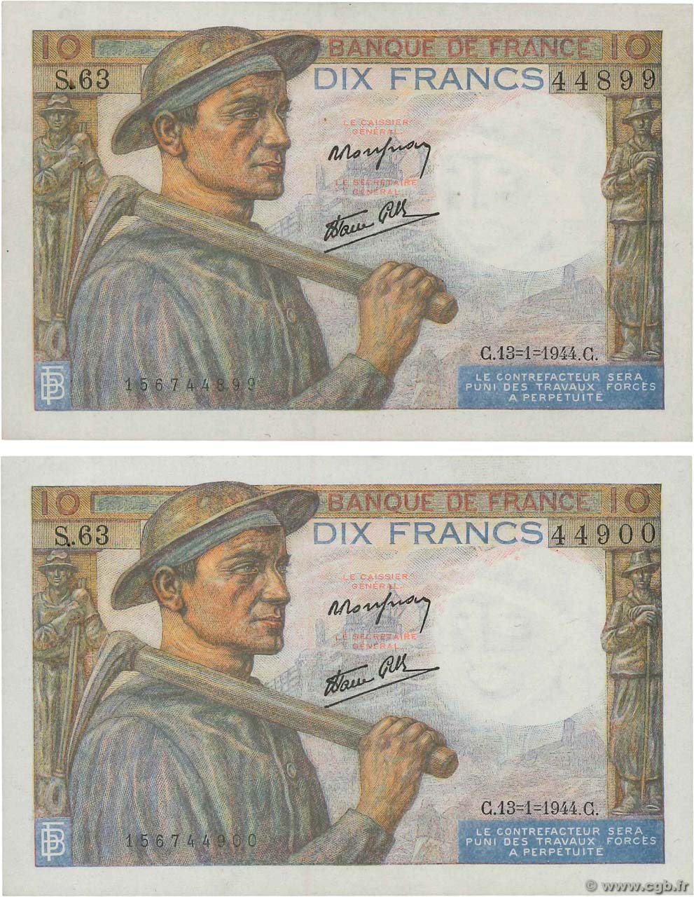10 Francs MINEUR Consécutifs FRANKREICH  1944 F.08.10 fST