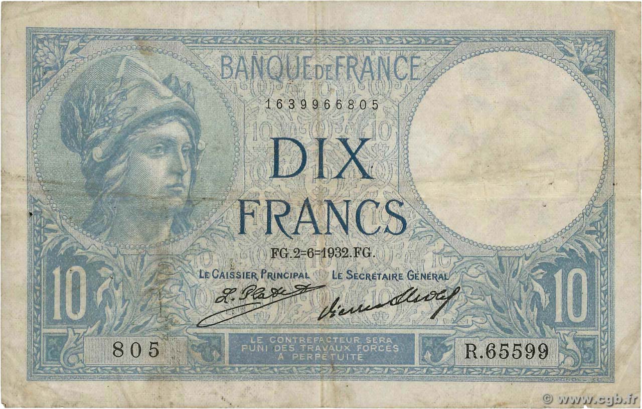 10 Francs MINERVE FRANCIA  1932 F.06.16 MB
