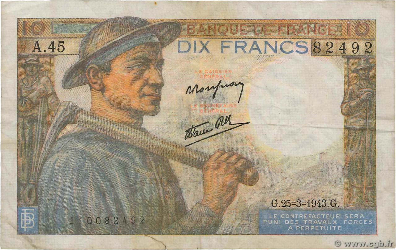 10 Francs MINEUR FRANKREICH  1943 F.08.08 fSS