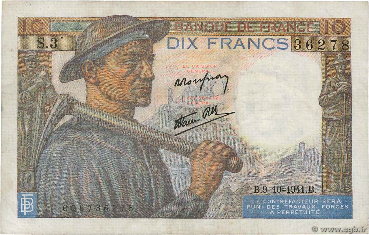 10 Francs MINEUR FRANCE  1941 F.08.02 F+