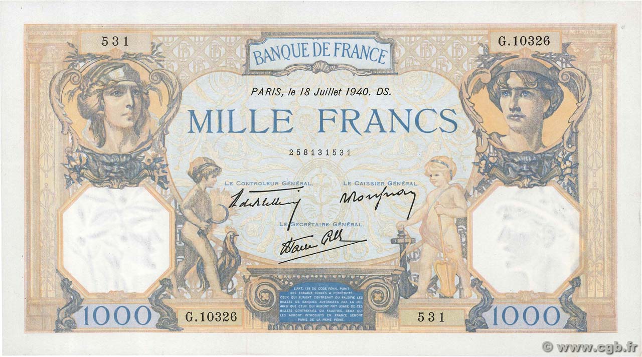 1000 Francs CÉRÈS ET MERCURE type modifié FRANCIA  1940 F.38.50 EBC