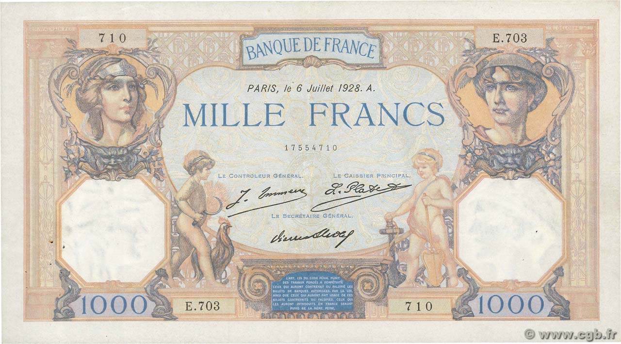 1000 Francs CÉRÈS ET MERCURE FRANCIA  1928 F.37.02 MBC