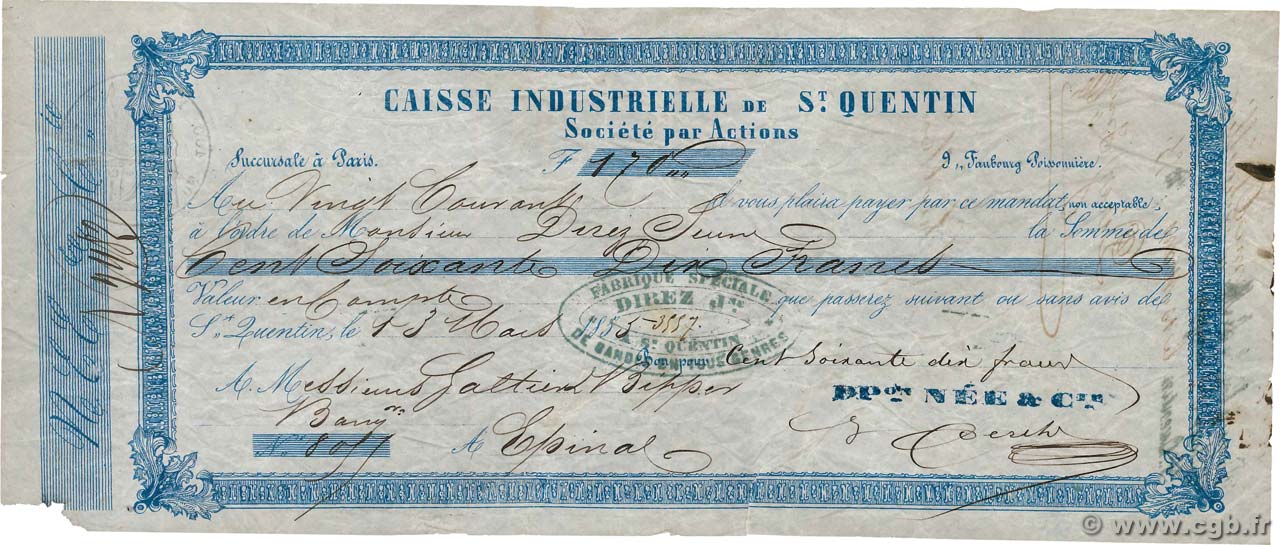 170 Francs FRANCE régionalisme et divers Saint Quentin 1855 DOC.Mandat TB
