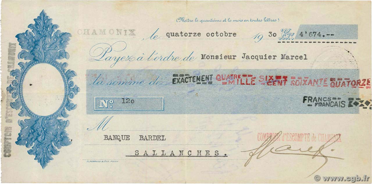 4674 Francs FRANCE regionalism and various Chamonix 1930 DOC.Chèque VF
