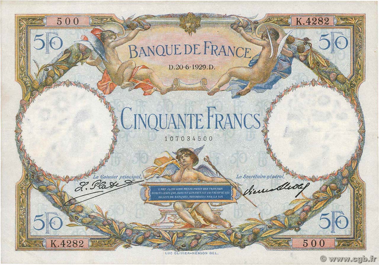50 Francs LUC OLIVIER MERSON FRANCE  1929 F.15.03 TTB