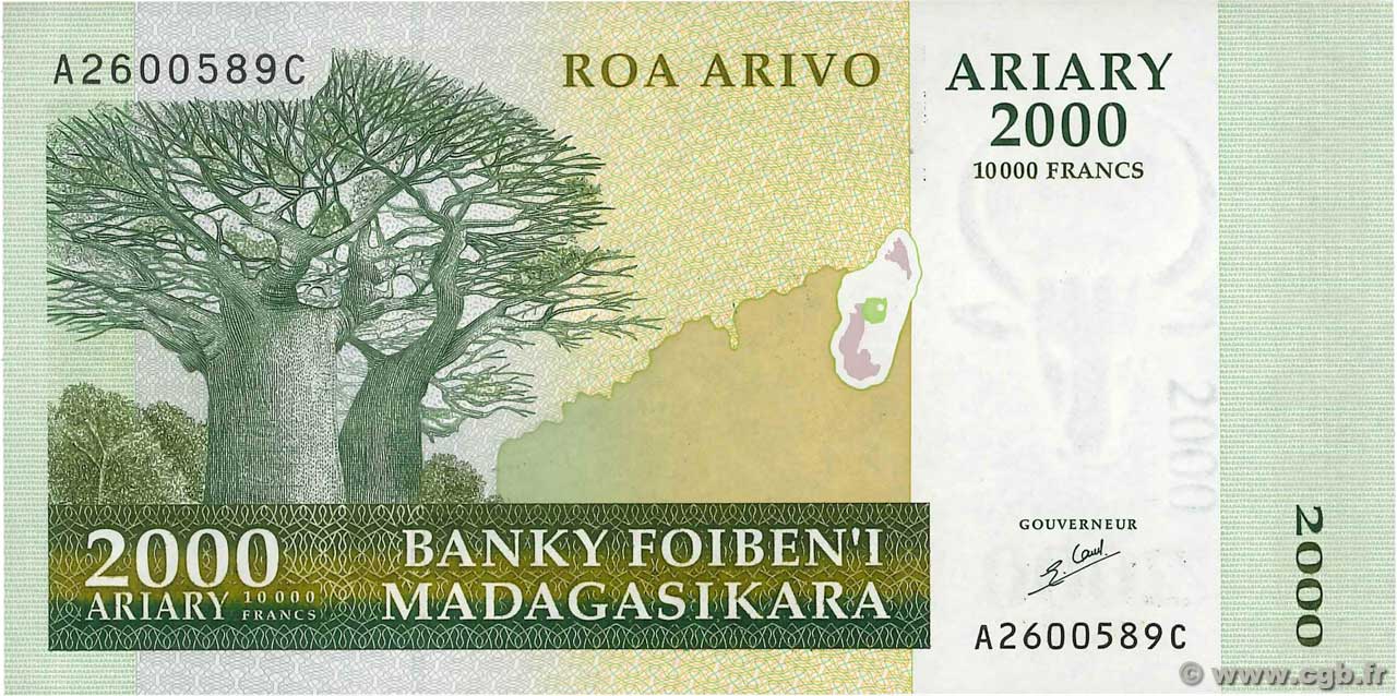 10000 Francs - 2000 Ariary MADAGASCAR  1998 P.083 SC+