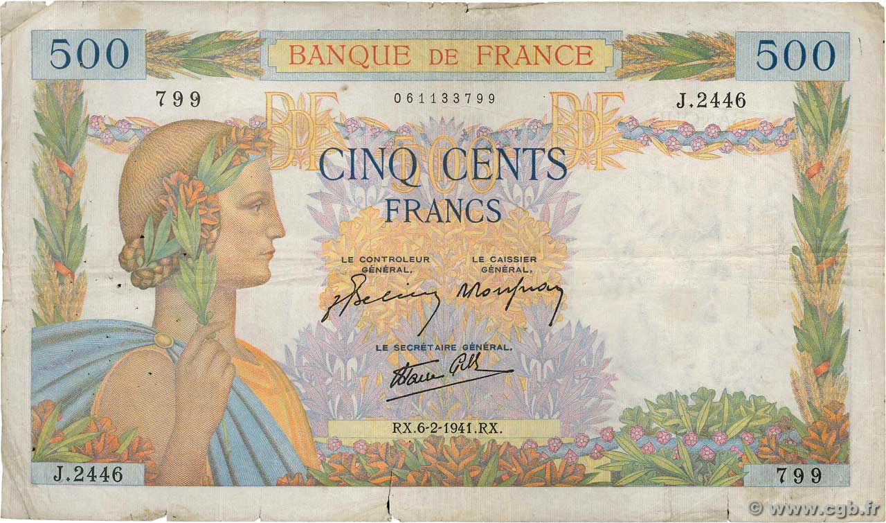 500 Francs LA PAIX FRANKREICH  1941 F.32.14 fS