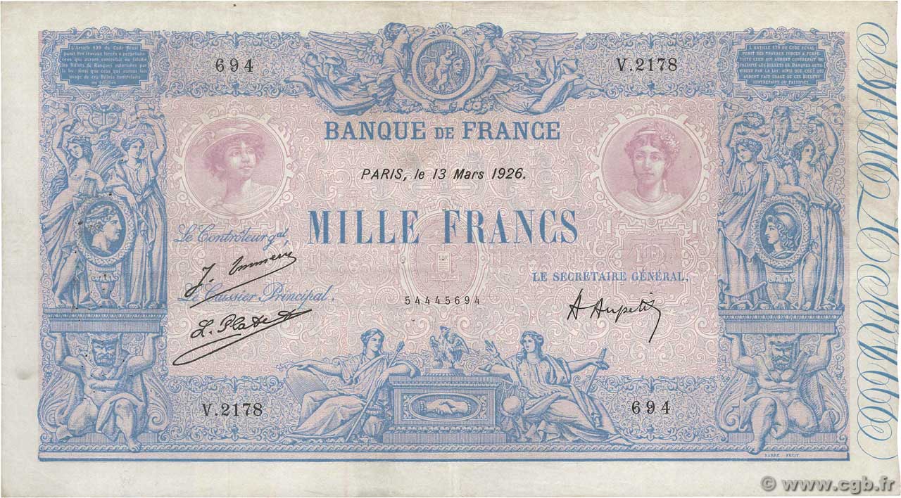 1000 Francs BLEU ET ROSE FRANCE  1926 F.36.42 VF-