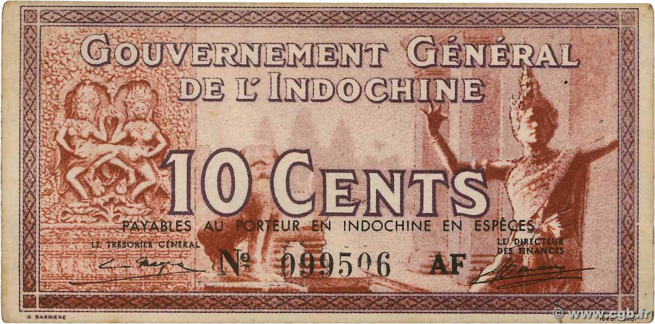 10 Cents FRENCH INDOCHINA  1939 P.085c XF