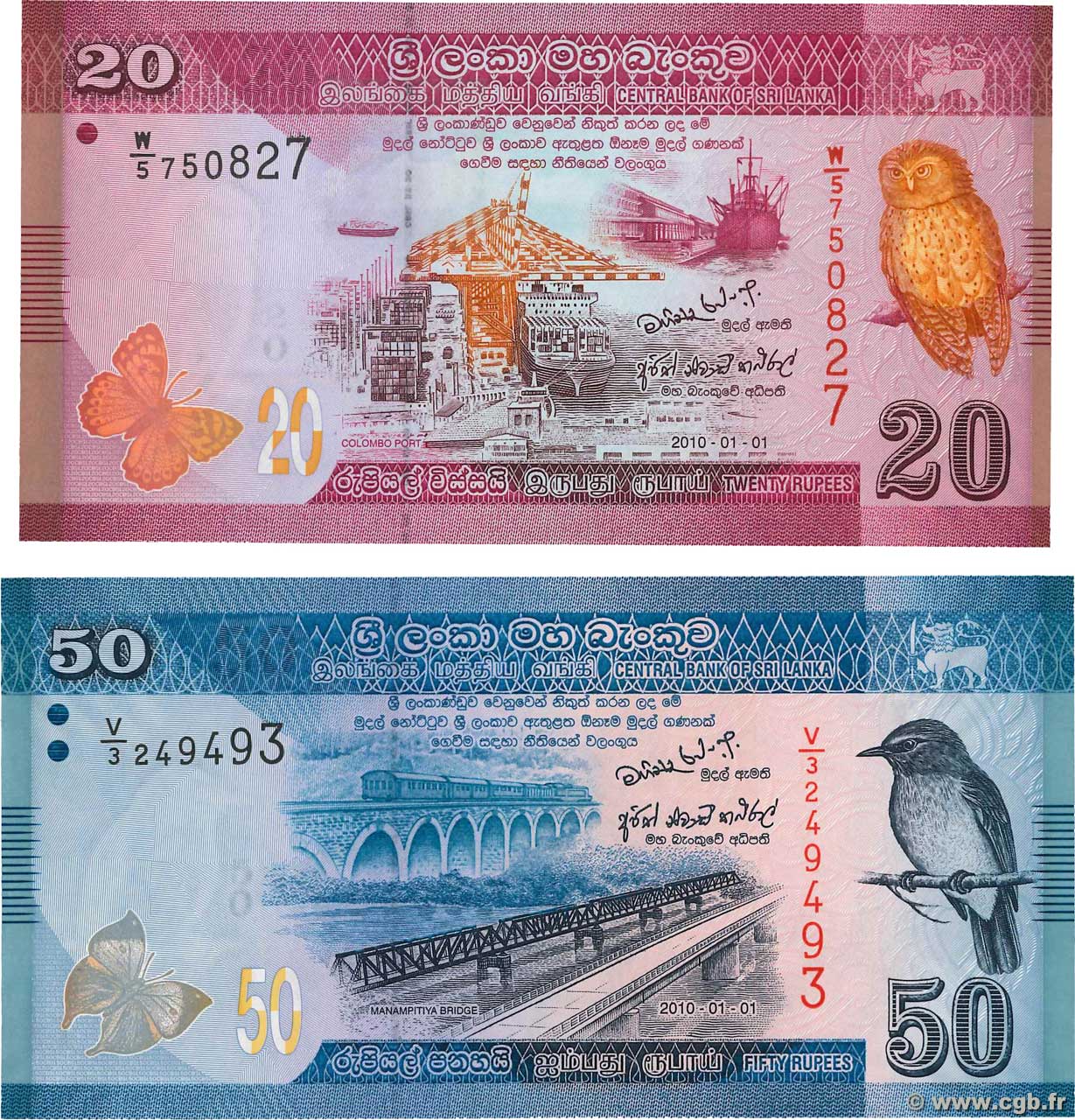 20 et 50 Rupees Lot SRI LANKA  2010 P.123a et P.124a ST