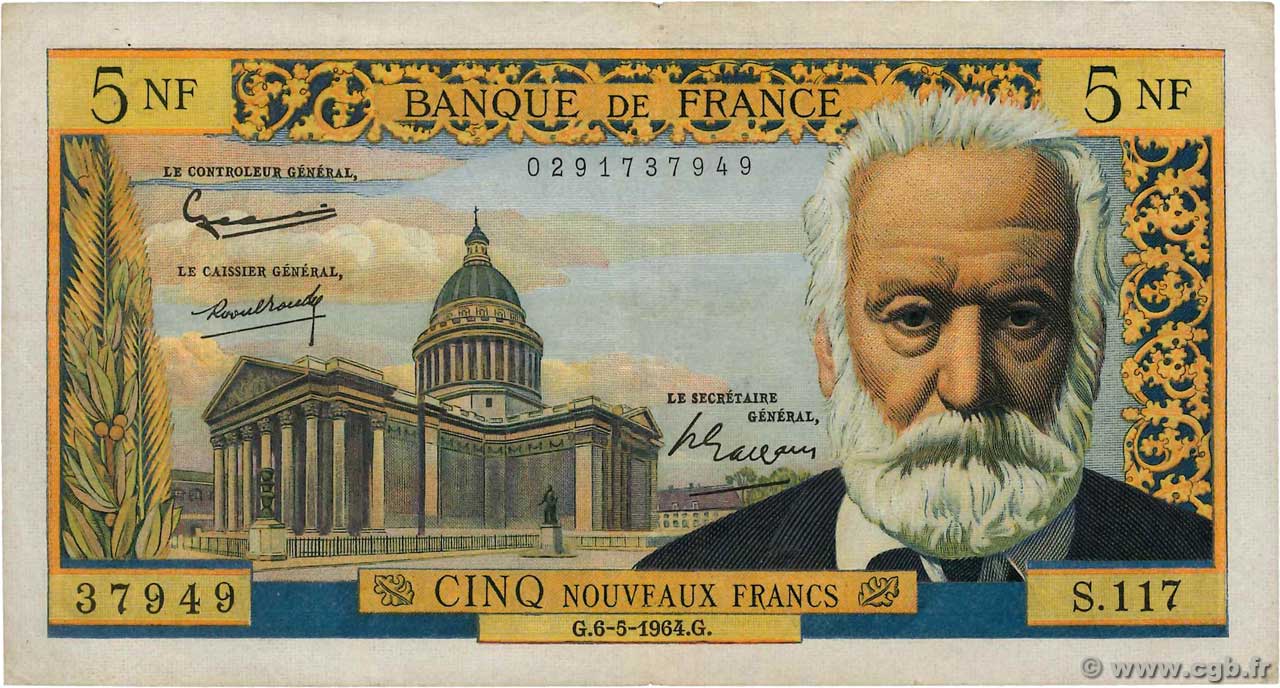 5 Nouveaux Francs VICTOR HUGO FRANCE  1964 F.56.15 VF-