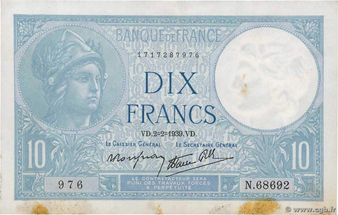 10 Francs MINERVE modifié FRANCE  1939 F.07.01 VF