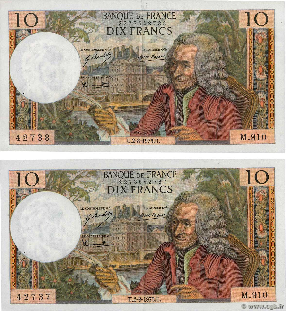 10 Francs VOLTAIRE Consécutifs FRANCIA  1973 F.62.63 EBC+