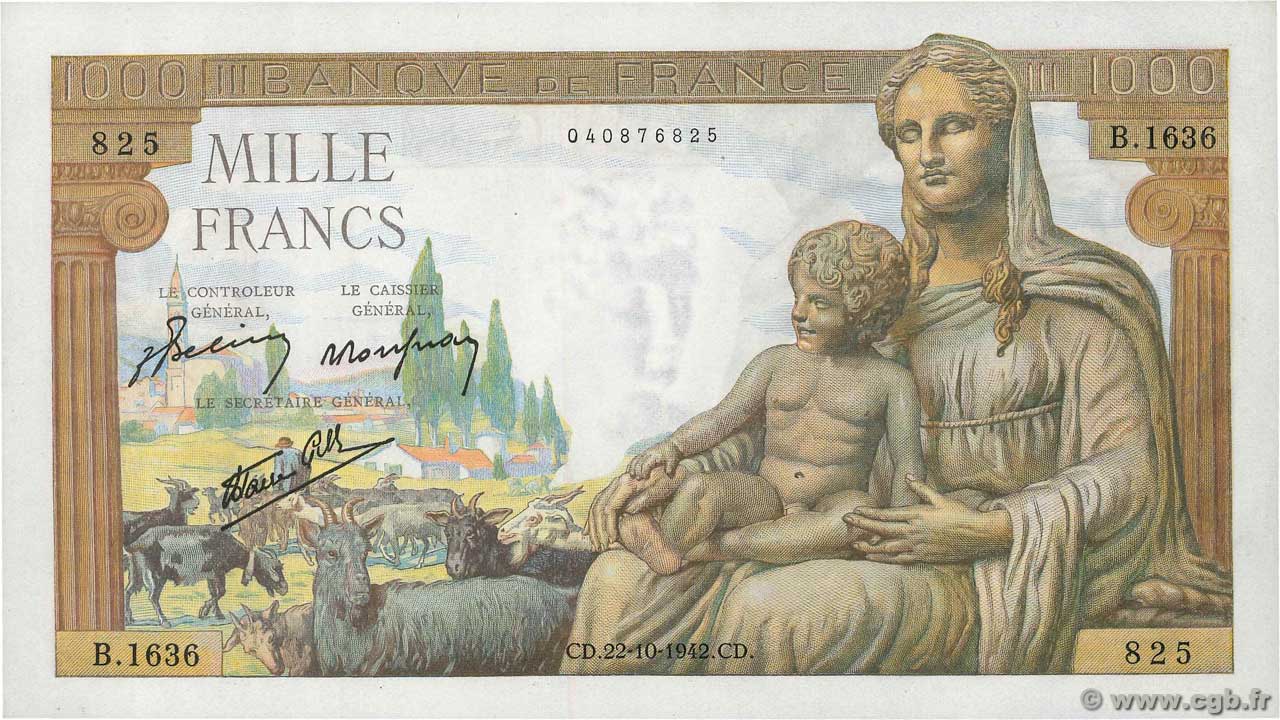 1000 Francs DÉESSE DÉMÉTER FRANCE  1942 F.40.09 SPL
